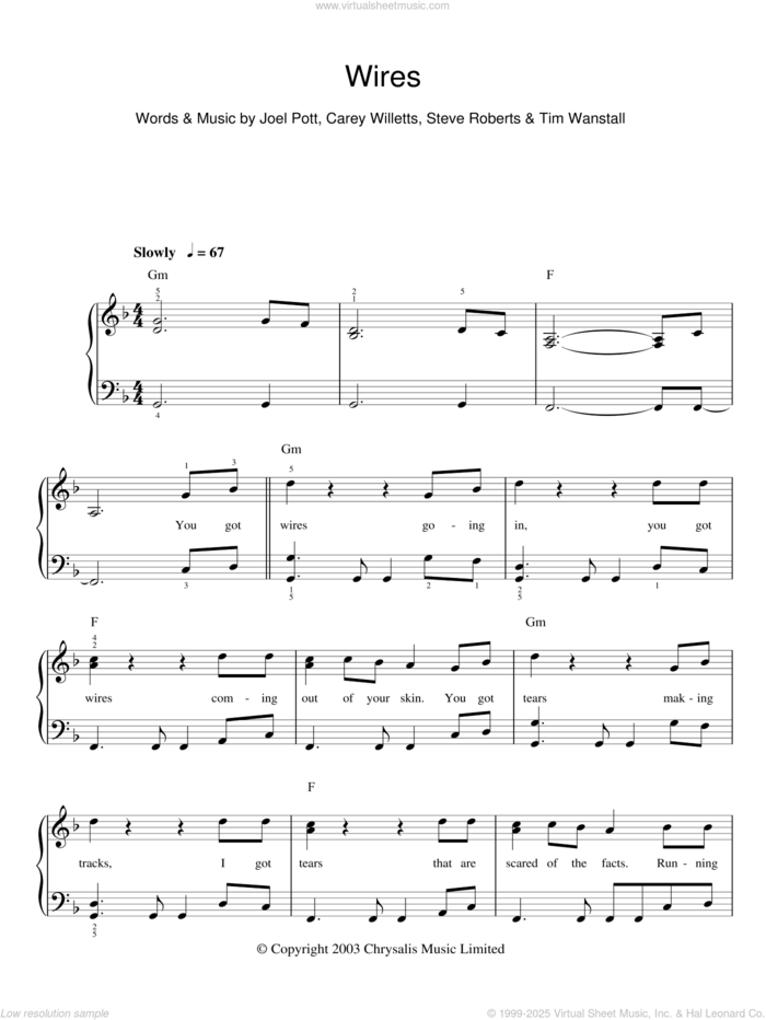 Wires sheet music for piano solo by Athlete, Carey Willetts, Joel Pott, Steve Roberts and Tim Wanstall, easy skill level