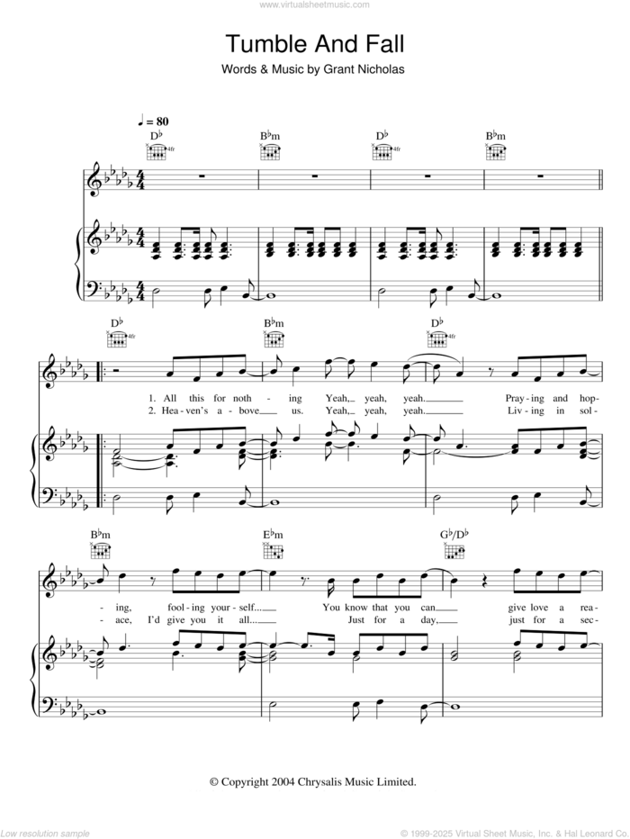 Tumble And Fall sheet music for voice, piano or guitar by Feeder and Grant Nicholas, intermediate skill level