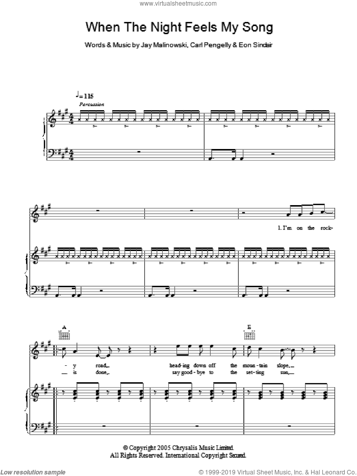 When The Night Feels My Song sheet music for voice, piano or guitar by Bedouin Soundclash, Carl Pengelly, Eon Sinclair and Jay Malinowski, intermediate skill level