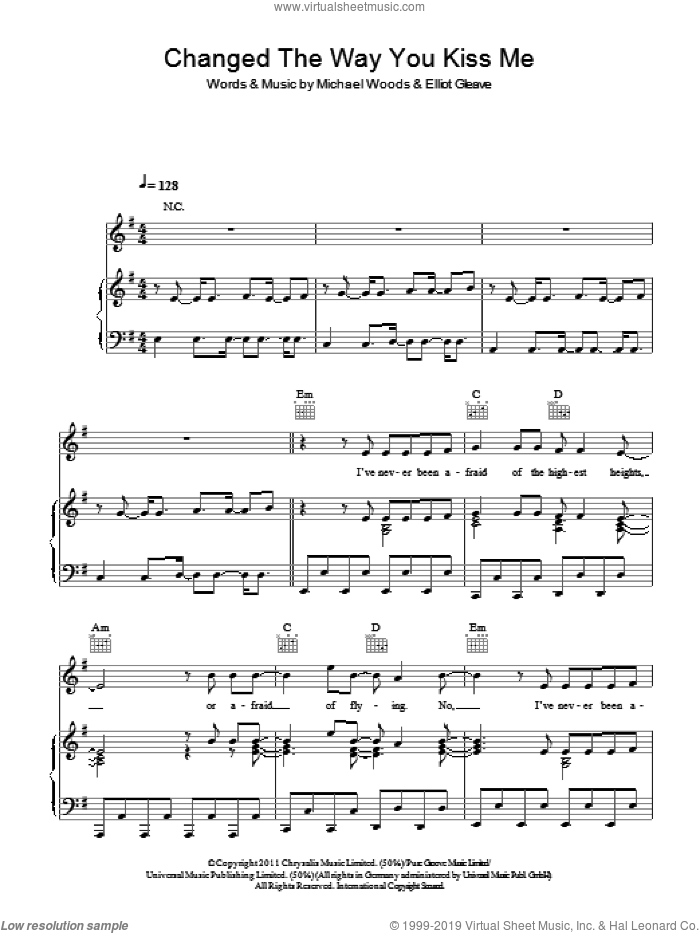 Changed The Way You Kiss Me sheet music for voice, piano or guitar by Example, Elliot Gleave and Michael Woods, intermediate skill level
