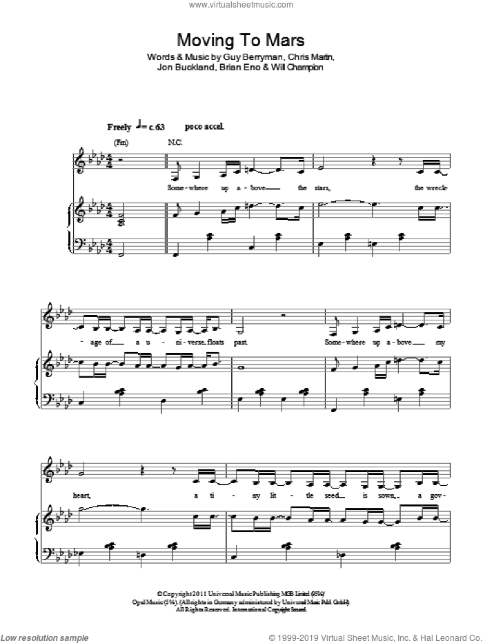 Moving To Mars sheet music for voice, piano or guitar by Coldplay, Brian Eno, Chris Martin, Guy Berryman, Jon Buckland and Will Champion, intermediate skill level