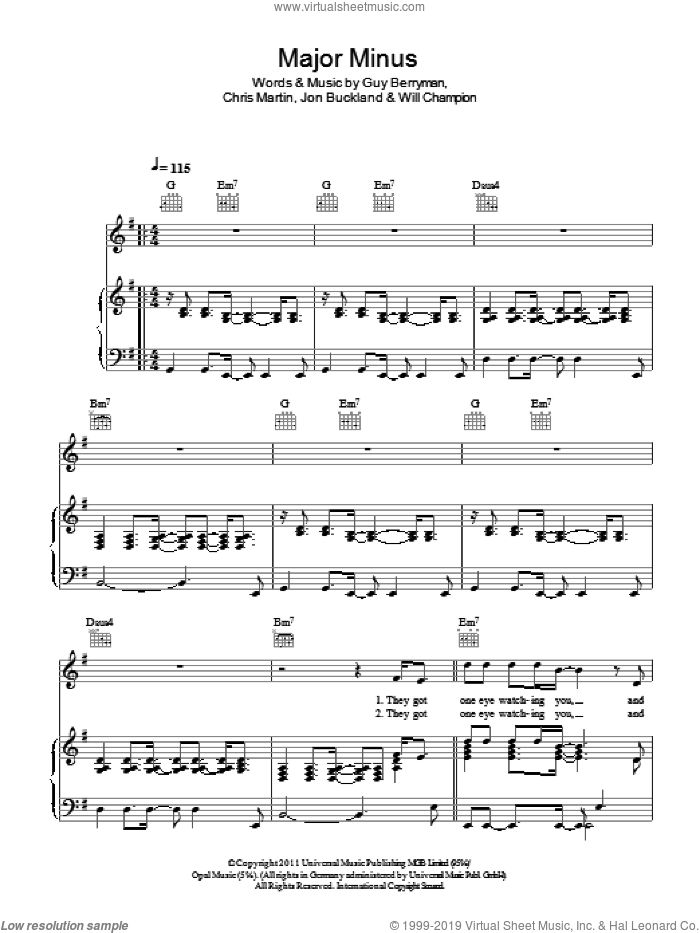 Major Minus sheet music for voice, piano or guitar by Coldplay, Chris Martin, Guy Berryman, Jon Buckland and Will Champion, intermediate skill level
