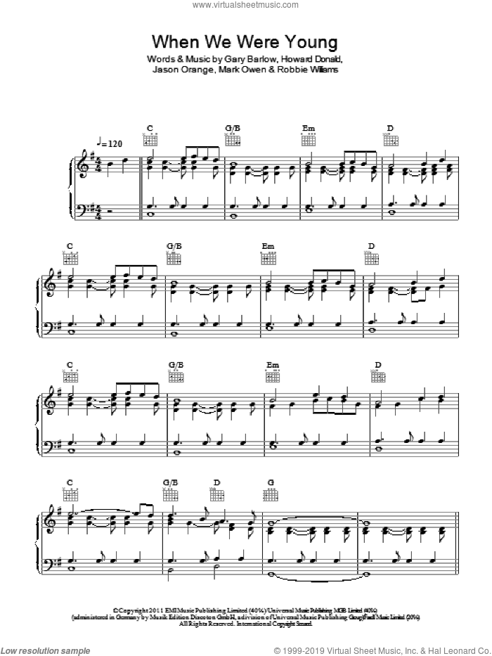 When We Were Young sheet music for voice, piano or guitar by Take That, Gary Barlow, Howard Donald, Jason Orange, Mark Owen and Robbie Williams, intermediate skill level
