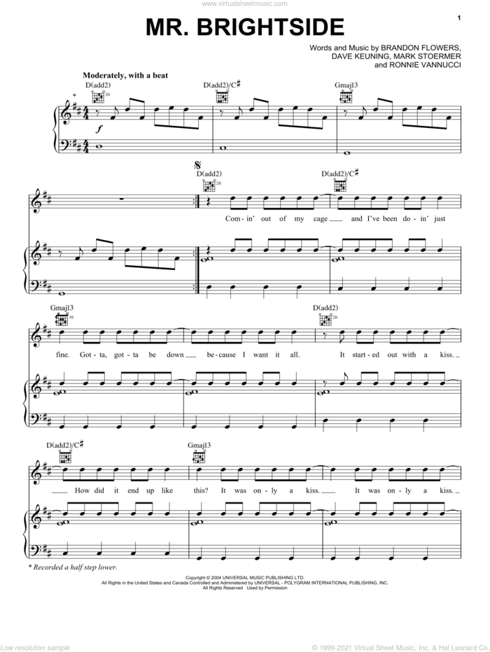 Mr. Brightside sheet music for voice, piano or guitar by The Killers, Brandon Flowers, Dave Keuning, Mark Stoermer and Ronnie Vannucci, intermediate skill level