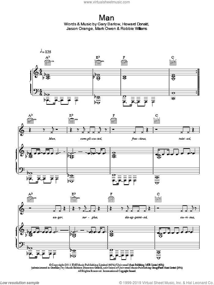 Man sheet music for voice, piano or guitar by Take That, Gary Barlow, Howard Donald, Jason Orange, Mark Owen and Robbie Williams, intermediate skill level