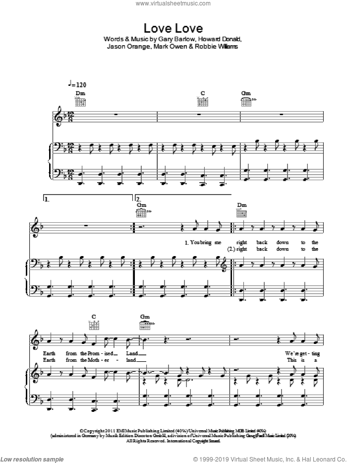 Love Love sheet music for voice, piano or guitar by Take That, Gary Barlow, Howard Donald, Jason Orange, Mark Owen and Robbie Williams, intermediate skill level