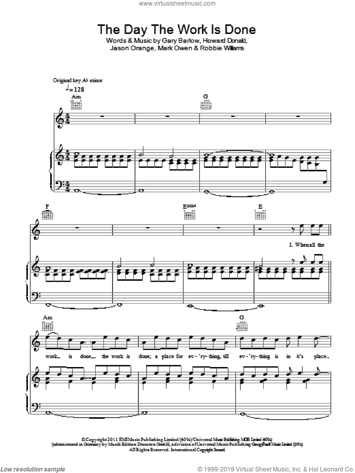 The Day The Work Is Done sheet music for voice, piano or guitar by Take That, Gary Barlow, Howard Donald, Jason Orange, Mark Owen and Robbie Williams, intermediate skill level
