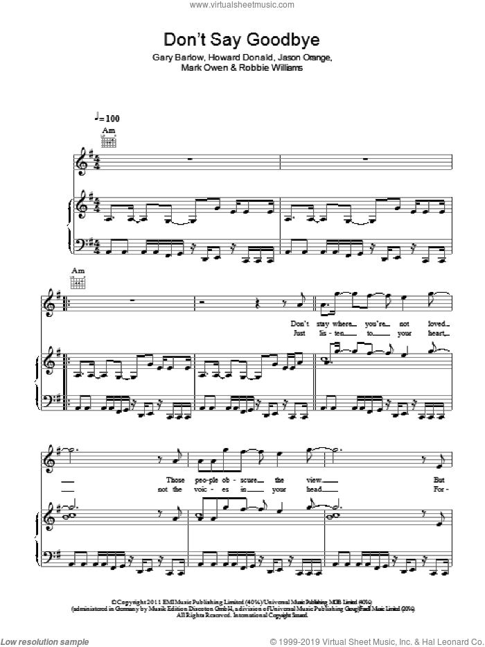 Don't Say Goodbye sheet music for voice, piano or guitar by Take That, Gary Barlow, Howard Donald, Jason Orange, Mark Owen and Robbie Williams, intermediate skill level