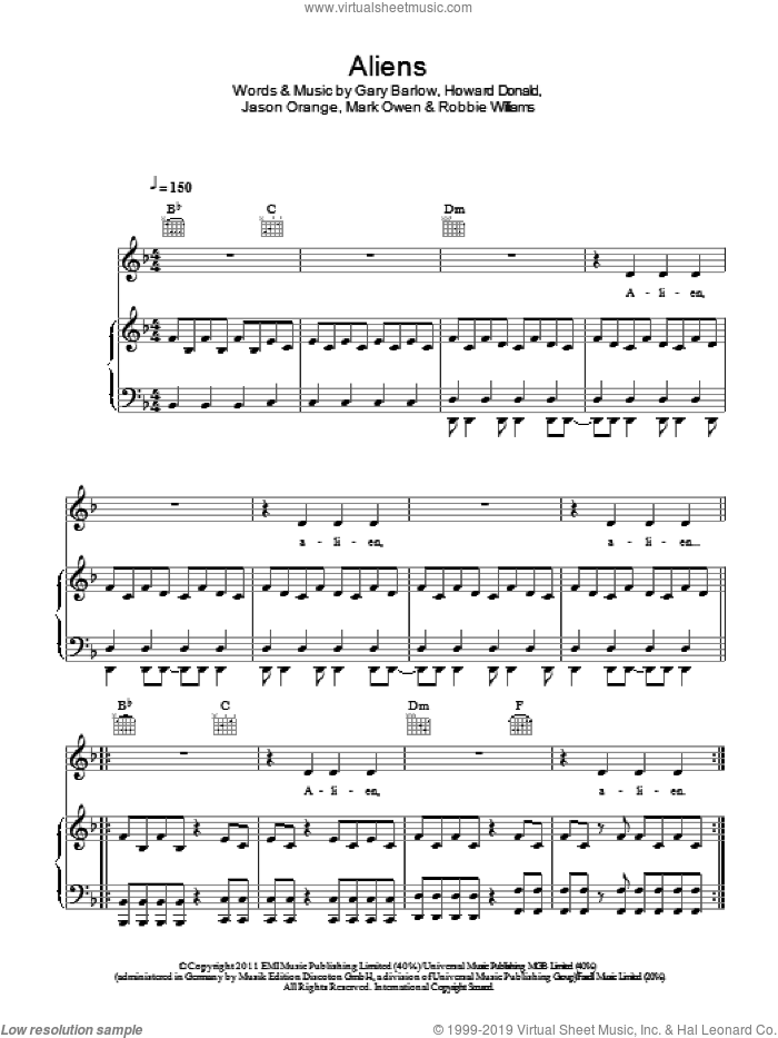 Aliens sheet music for voice, piano or guitar by Take That, Gary Barlow, Howard Donald, Jason Orange and Robbie Williams, intermediate skill level