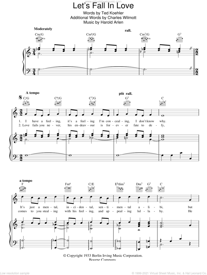 Let's Fall In Love sheet music for voice, piano or guitar by Harold Arlen and Ted Koehler, intermediate skill level