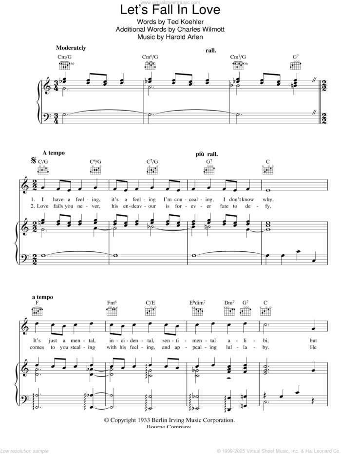 Let's Fall In Love sheet music for voice, piano or guitar by Harold Arlen and Ted Koehler, intermediate skill level