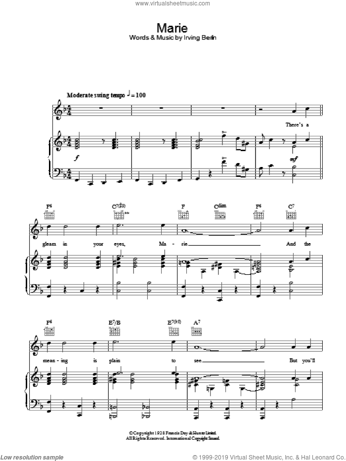 Marie sheet music for voice, piano or guitar by Vic Damone and Irving Berlin, intermediate skill level