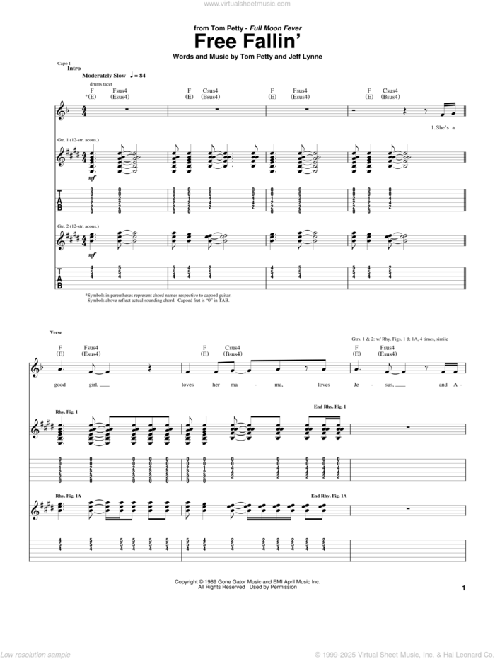 Free Fallin' sheet music for guitar (tablature) by Tom Petty and Jeff Lynne, intermediate skill level