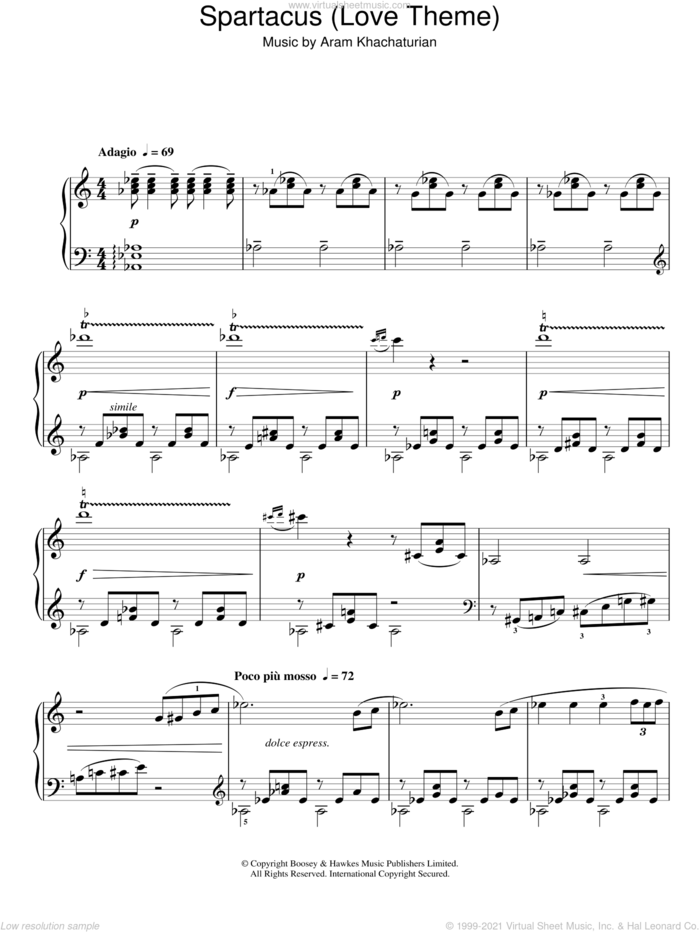 Spartacus - Love Theme sheet music for piano solo by Alex North and Aram Khachaturian, intermediate skill level