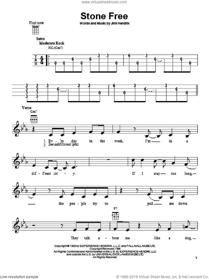 Stone Free sheet music for ukulele by Jimi Hendrix, intermediate skill level