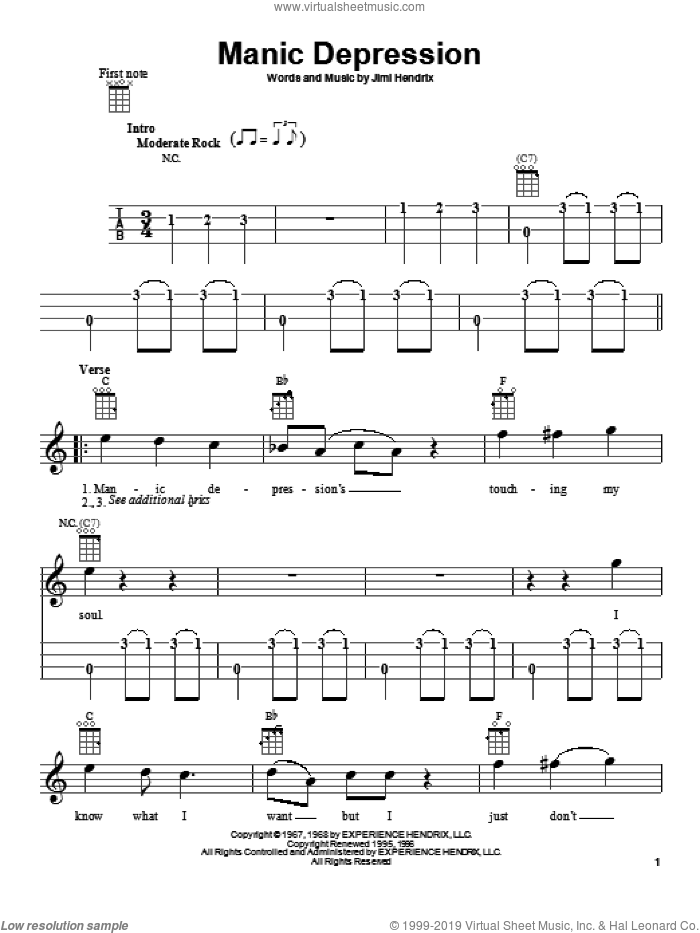 Manic Depression sheet music for ukulele by Jimi Hendrix, intermediate skill level