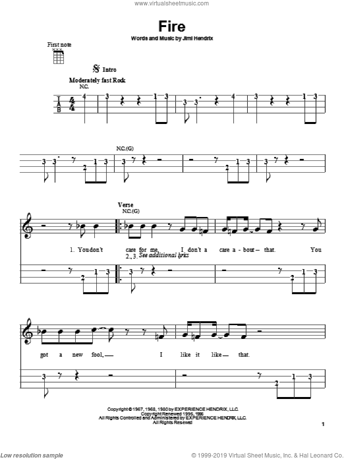 Fire sheet music for ukulele by Jimi Hendrix, intermediate skill level