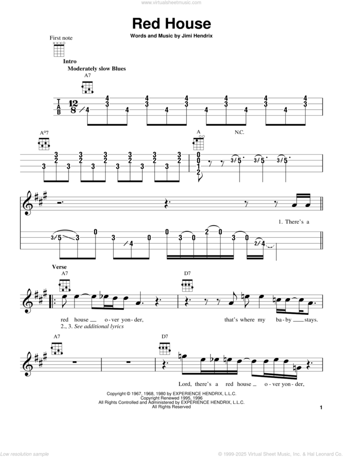 Red House sheet music for ukulele by Jimi Hendrix, intermediate skill level