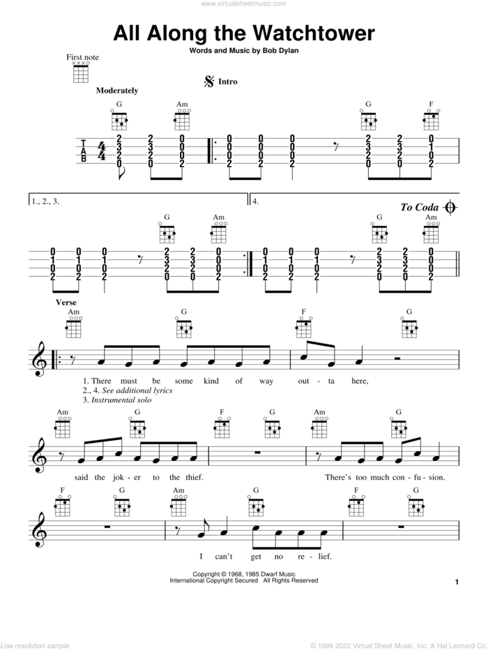 All Along The Watchtower sheet music for ukulele by Jimi Hendrix, U2 and Bob Dylan, intermediate skill level