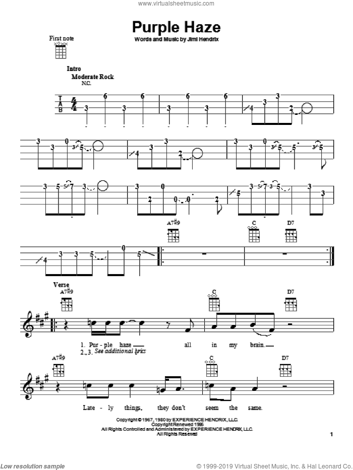 Purple Haze sheet music for ukulele by Jimi Hendrix, intermediate skill level