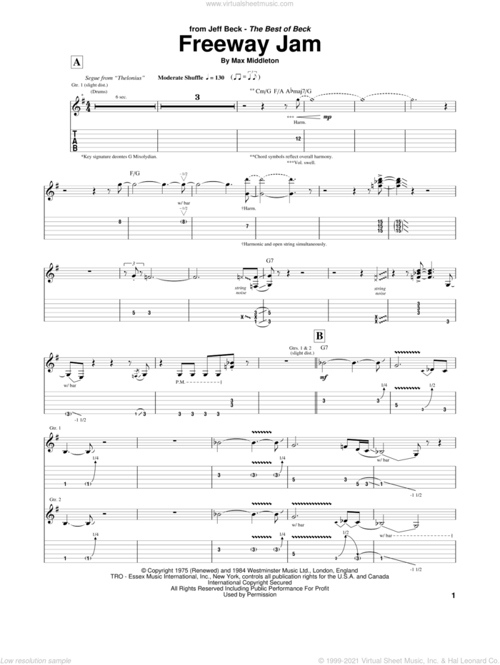 Freeway Jam sheet music for guitar (tablature) by Jeff Beck and Max Middleton, intermediate skill level