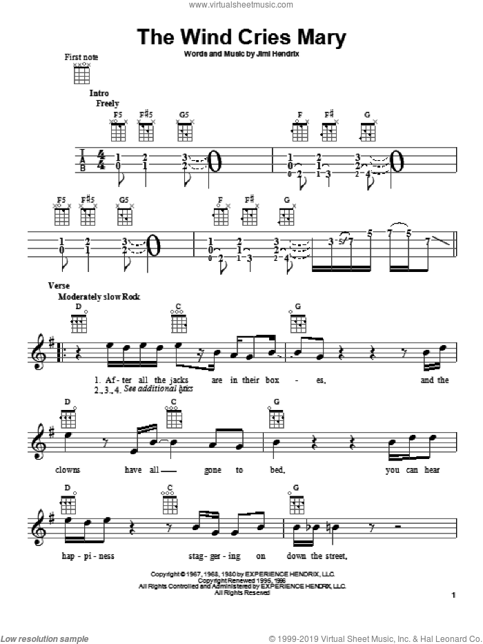 The Wind Cries Mary sheet music for ukulele by Jimi Hendrix, intermediate skill level