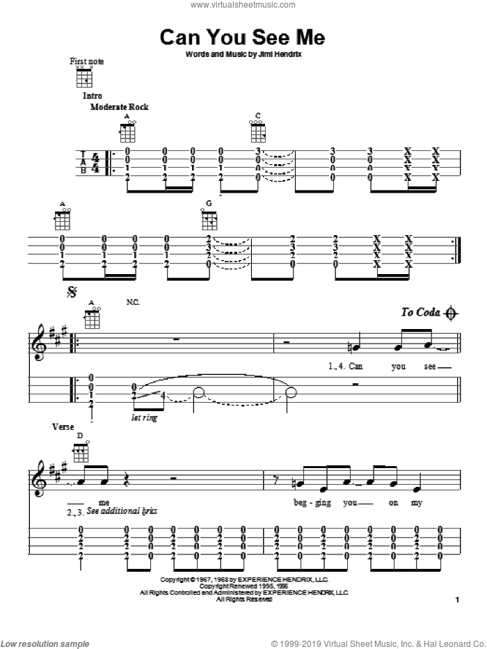 Can You See Me sheet music for ukulele by Jimi Hendrix, intermediate skill level