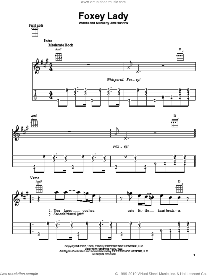 Foxey Lady sheet music for ukulele by Jimi Hendrix, intermediate skill level