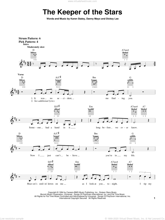 The Keeper Of The Stars sheet music for guitar solo (chords) by Tracy Byrd, Danny Mayo, Dickey Lee and Karen Staley, wedding score, easy guitar (chords)