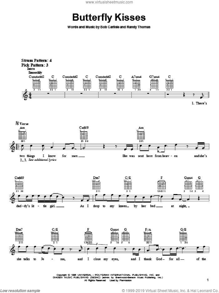 Butterfly Kisses sheet music for guitar solo (chords) by Bob Carlisle, Jeff Carson, Raybon Brothers and Randy Thomas, wedding score, easy guitar (chords)
