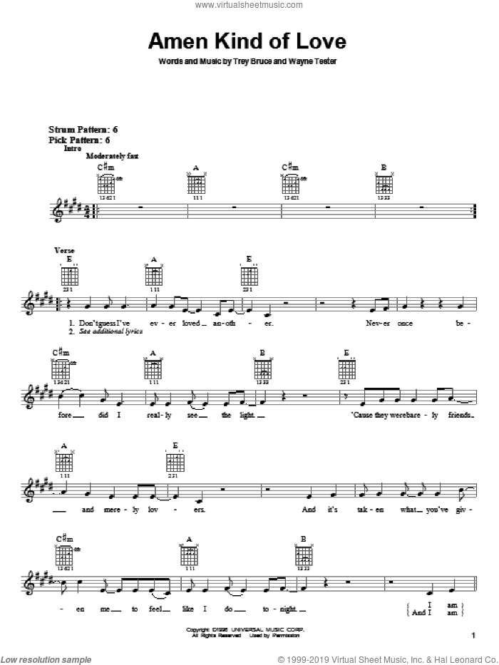 Amen Kind Of Love sheet music for guitar solo (chords) by Daryle Singletary, Trey Bruce and Wayne Tester, wedding score, easy guitar (chords)