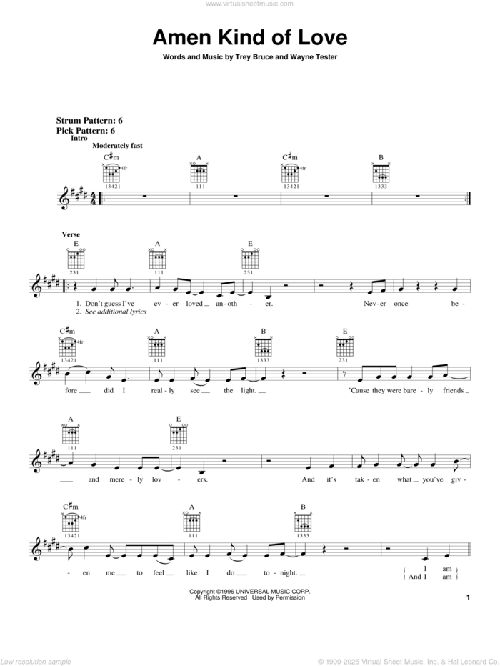 Amen Kind Of Love sheet music for guitar solo (chords) by Daryle Singletary, Trey Bruce and Wayne Tester, wedding score, easy guitar (chords)