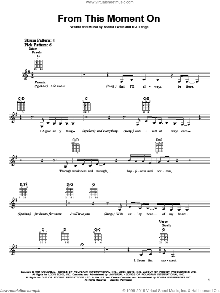 From This Moment On sheet music for guitar solo (chords) by Shania Twain and Robert John Lange, wedding score, easy guitar (chords)