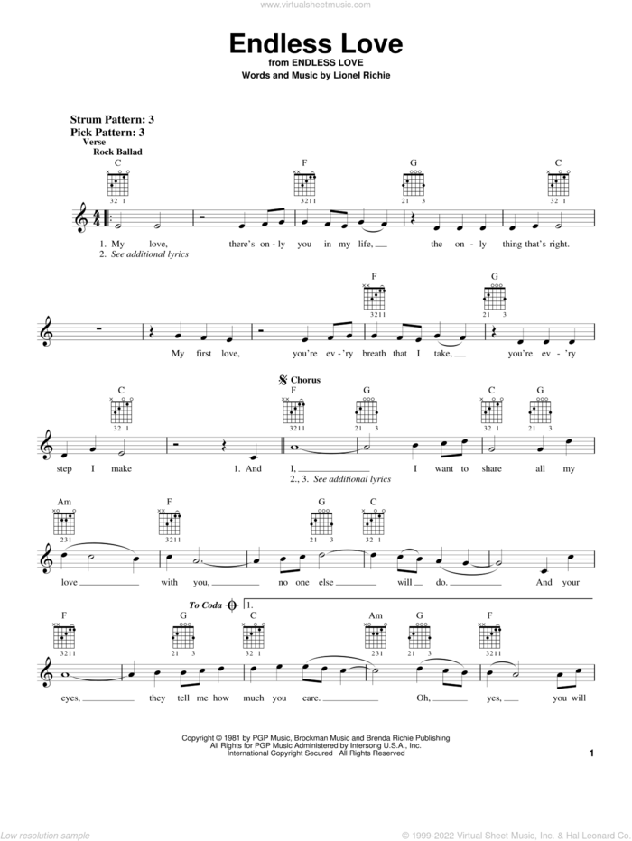 Endless Love sheet music for guitar solo (chords) by Lionel Richie & Diana Ross, Diana Ross and Lionel Richie, wedding score, easy guitar (chords)