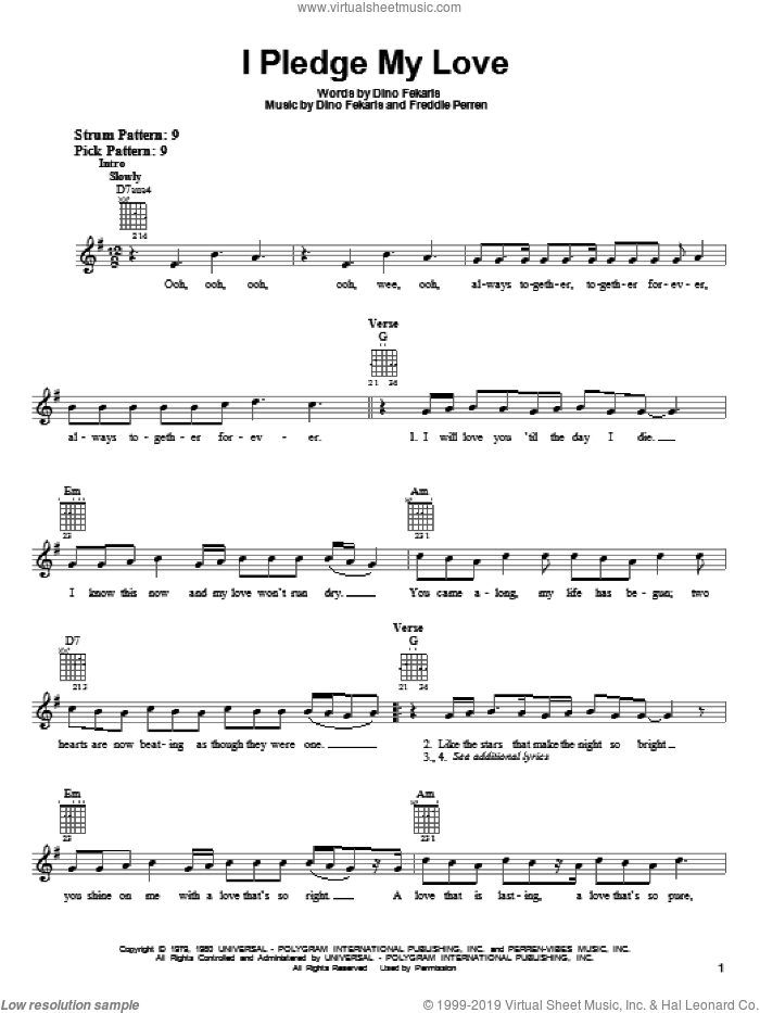 I Pledge My Love sheet music for guitar solo (chords) by Peaches & Herb, Dino Fekaris and Frederick Perren, wedding score, easy guitar (chords)