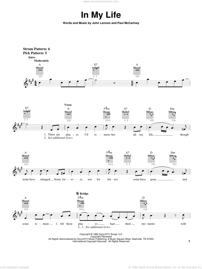 In My Life sheet music for guitar solo (chords) by The Beatles, John Lennon and Paul McCartney, wedding score, easy guitar (chords)