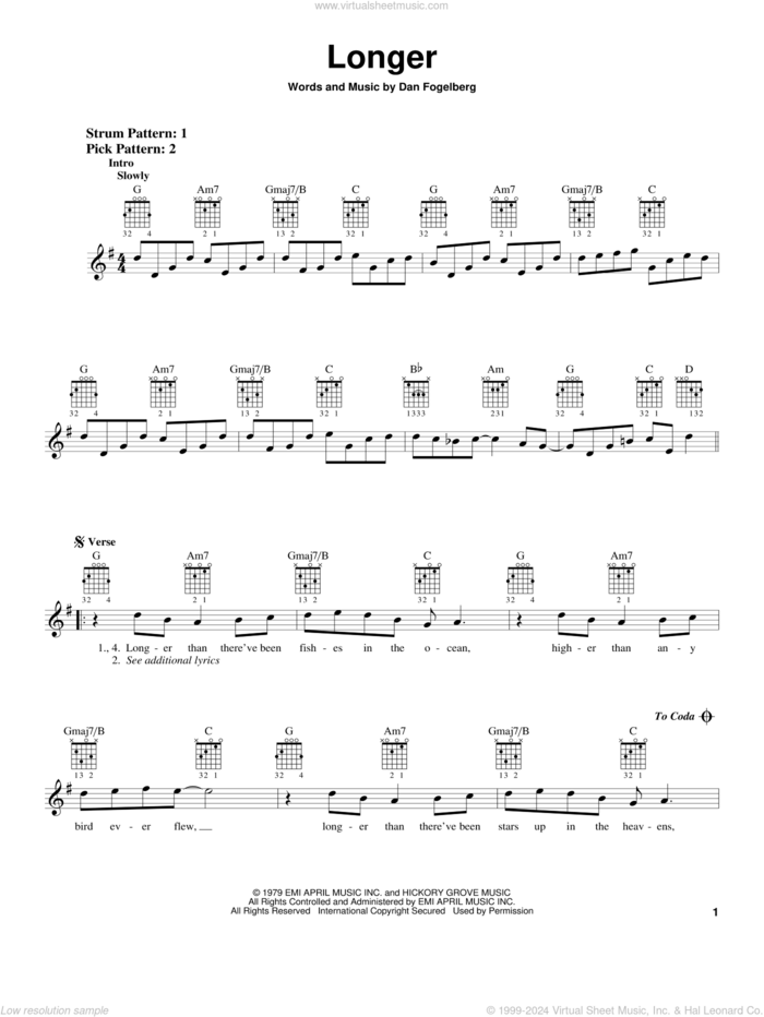 Longer sheet music for guitar solo (chords) by Dan Fogelberg, wedding score, easy guitar (chords)