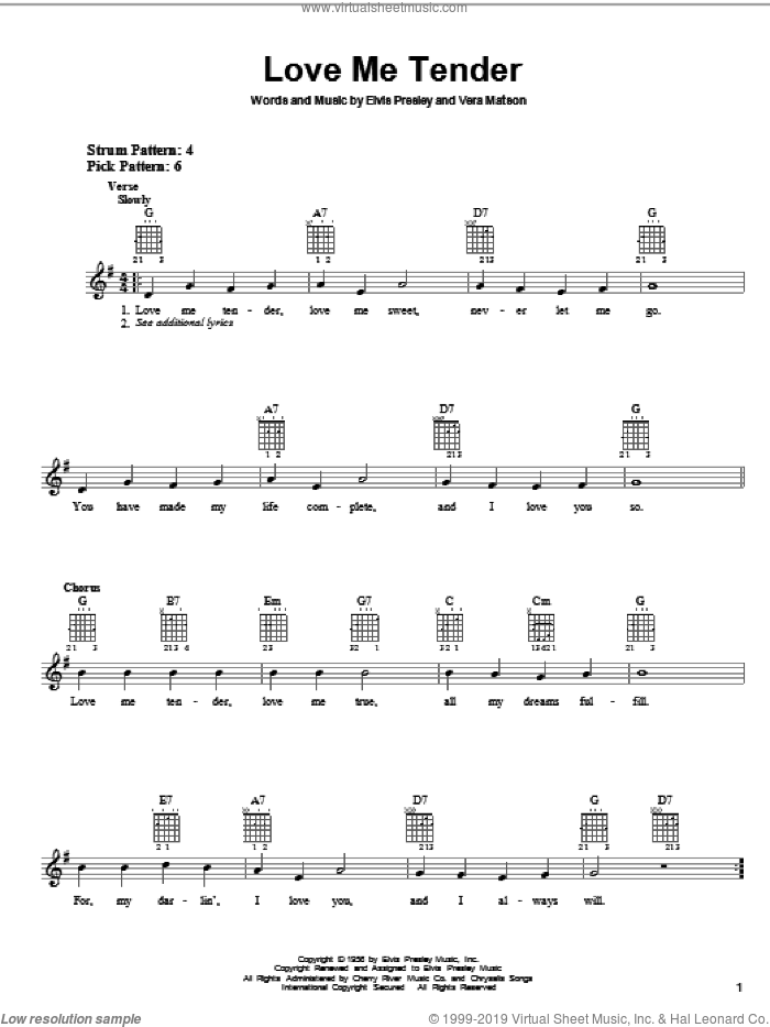 Love Me Tender, (easy) sheet music for guitar solo (chords) by Elvis Presley and Vera Matson, wedding score, easy guitar (chords)