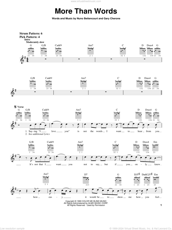 More Than Words, (easy) sheet music for guitar solo (chords) by Extreme, Gary Cherone and Nuno Bettencourt, wedding score, easy guitar (chords)