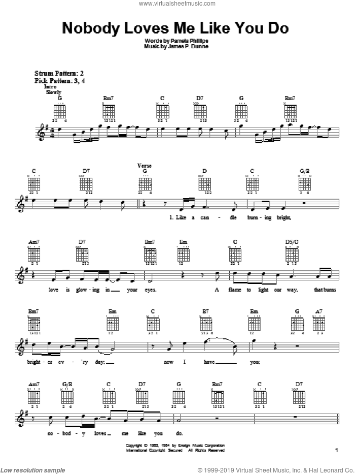 Nobody Loves Me Like You Do sheet music for guitar solo (chords) by Anne Murray, James P. Dunne and Pamela Phillips, wedding score, easy guitar (chords)
