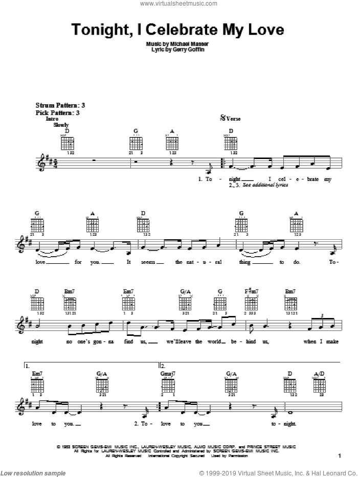 Tonight, I Celebrate My Love sheet music for guitar solo (chords) by Roberta Flack, Peabo Bryson, Gerry Goffin and Michael Masser, wedding score, easy guitar (chords)