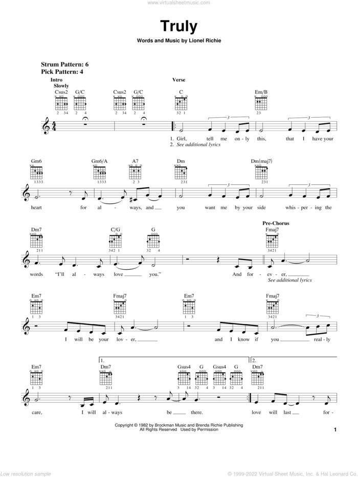 Truly sheet music for guitar solo (chords) by Lionel Richie, wedding score, easy guitar (chords)