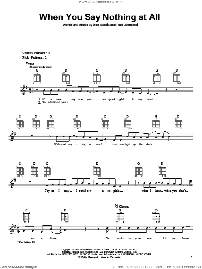 When You Say Nothing At All, (easy) sheet music for guitar solo (chords) by Alison Krauss & Union Station, Alison Krauss, Keith Whitley, Don Schlitz and Paul Overstreet, wedding score, easy guitar (chords)