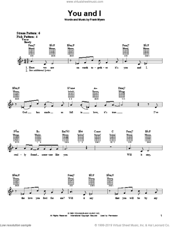 You And I sheet music for guitar solo (chords) by Eddie Rabbitt with Crystal Gayle, Crystal Gayle, Eddie Rabbitt and Frank Myers, wedding score, easy guitar (chords)