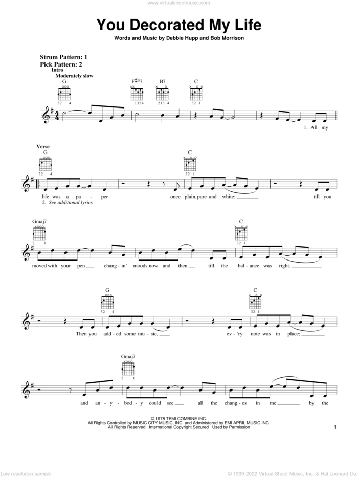 You Decorated My Life sheet music for guitar solo (chords) by Kenny Rogers, Bob Morrison and Debbie Hupp, wedding score, easy guitar (chords)