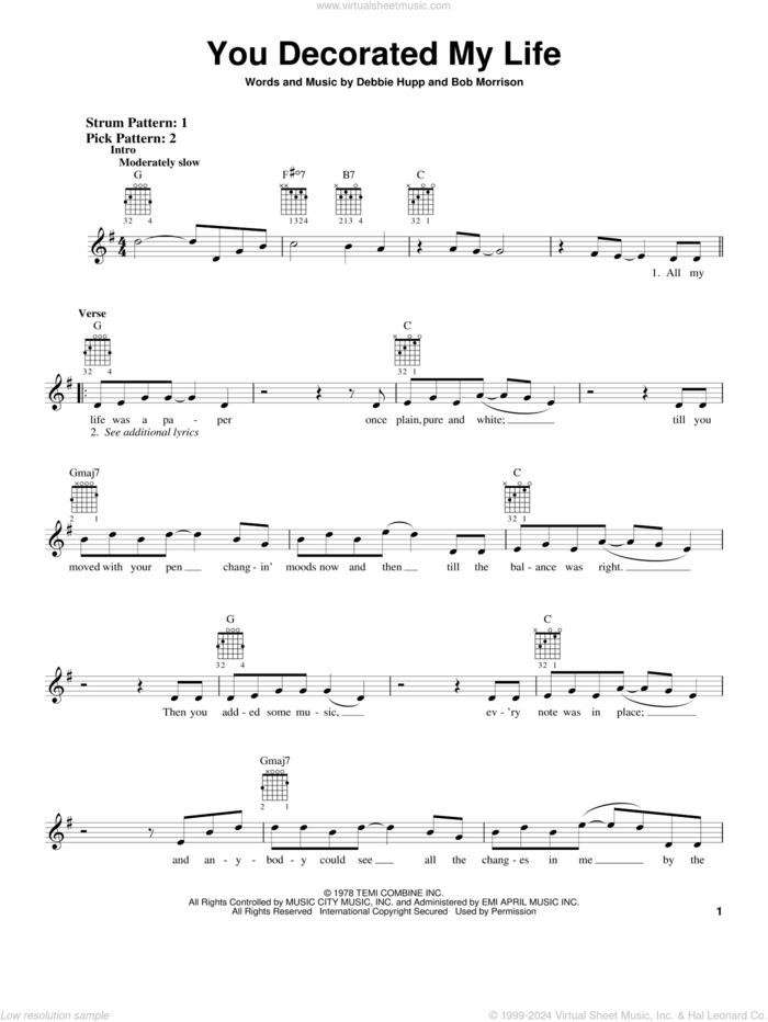 You Decorated My Life sheet music for guitar solo (chords) by Kenny Rogers, Bob Morrison and Debbie Hupp, wedding score, easy guitar (chords)