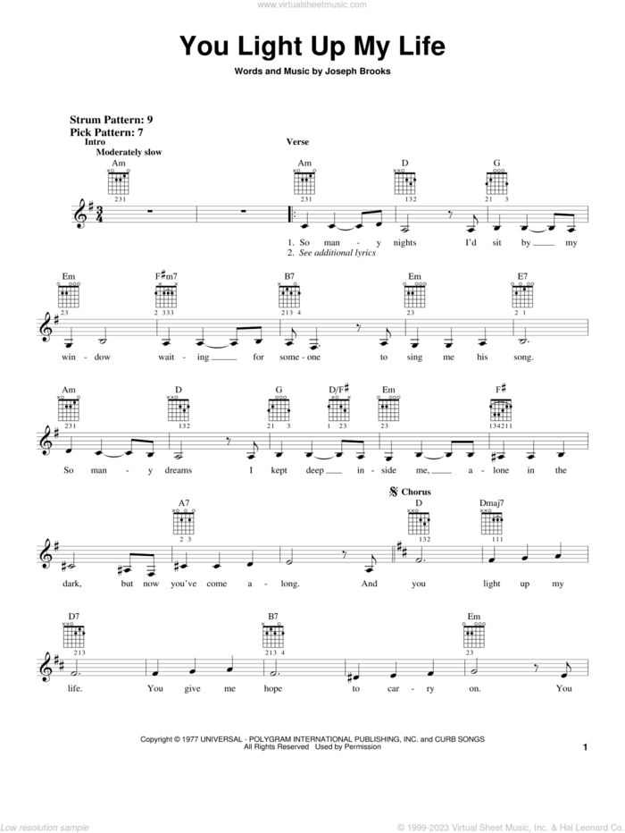 You Light Up My Life sheet music for guitar solo (chords) by Debby Boone and Joseph Brooks, wedding score, easy guitar (chords)