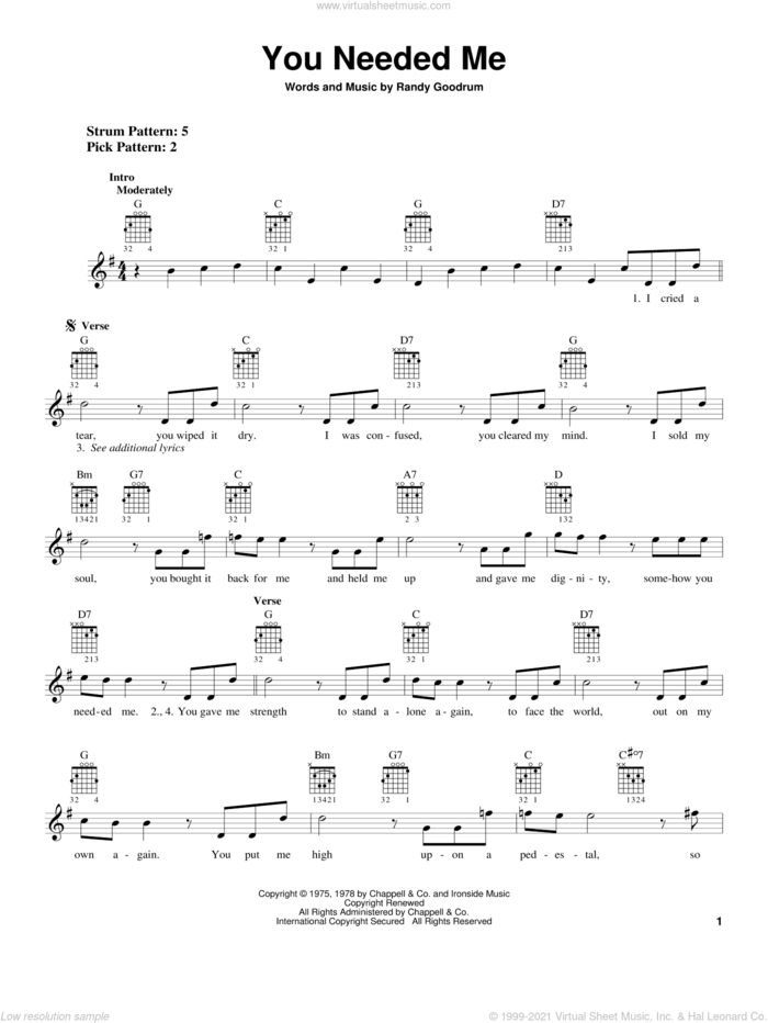 You Needed Me sheet music for guitar solo (chords) by Anne Murray and Randy Goodrum, wedding score, easy guitar (chords)