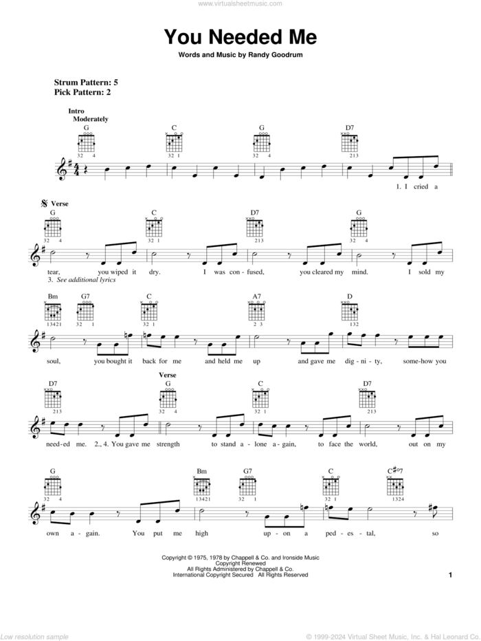 You Needed Me sheet music for guitar solo (chords) by Anne Murray and Randy Goodrum, wedding score, easy guitar (chords)