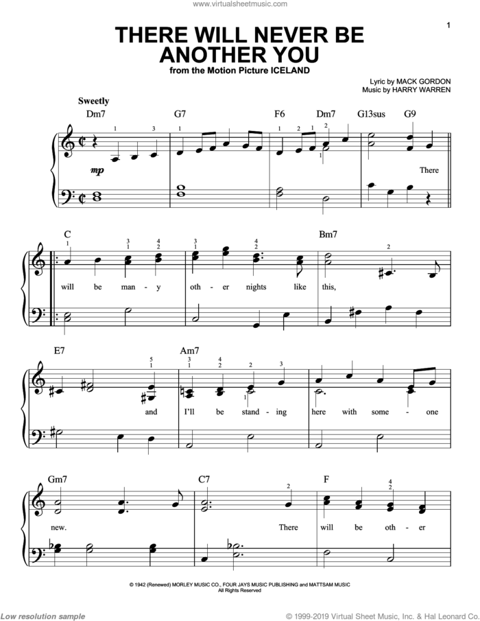 There Will Never Be Another You sheet music for piano solo by Nat King Cole, Frank Sinatra, Harry Warren and Mack Gordon, easy skill level
